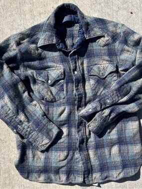 Kids Pendleton Blue and Gray Plaid Wool Shacket with Pearl Snaps